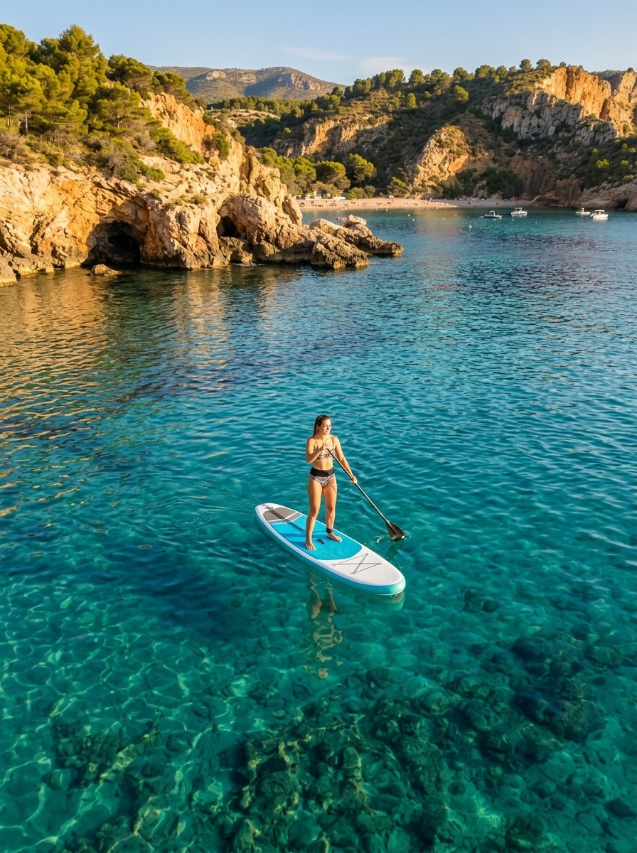 Mujer sobre tabla SUP en aguas turquesas del Mediterráneo en Costa Blanca