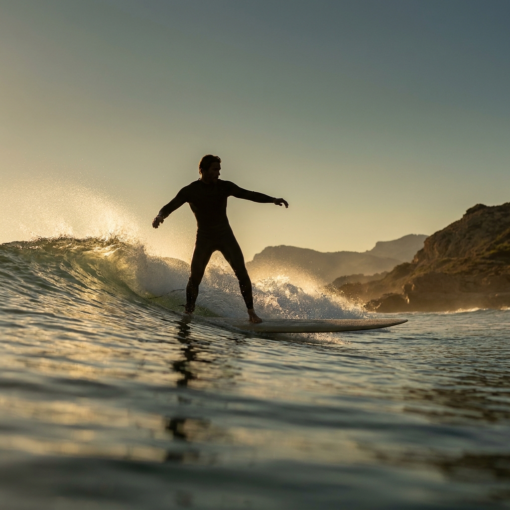 Surfista en equilibrio sobre la tabla en una ola